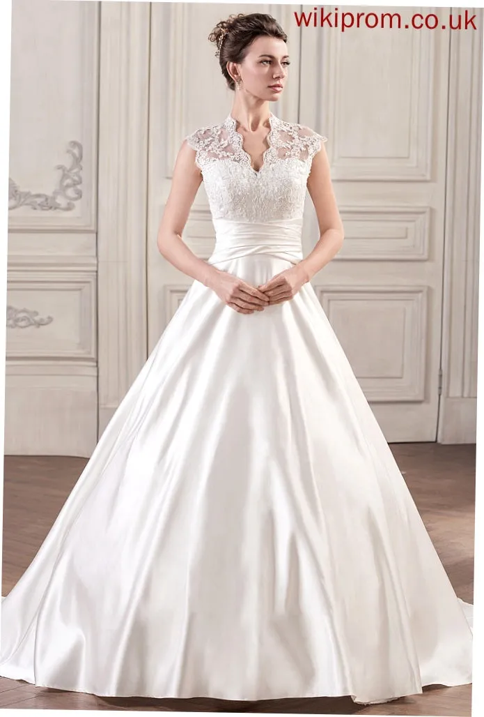 Train Dress V-neck Ball-Gown/Princess Wedding Wedding Dresses Court Ruffle Satin Brooklyn Lace With